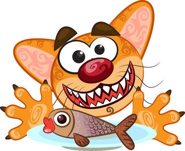 猫吃鱼矢量图片