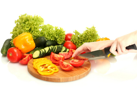 女人手切蔬菜厨房黑板上