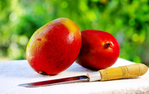 两个芒果水果和刀
