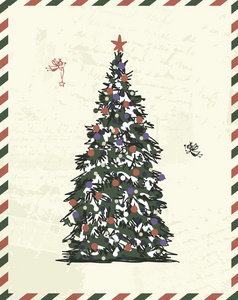 复古明信片与圣诞节树，为您的设计素描