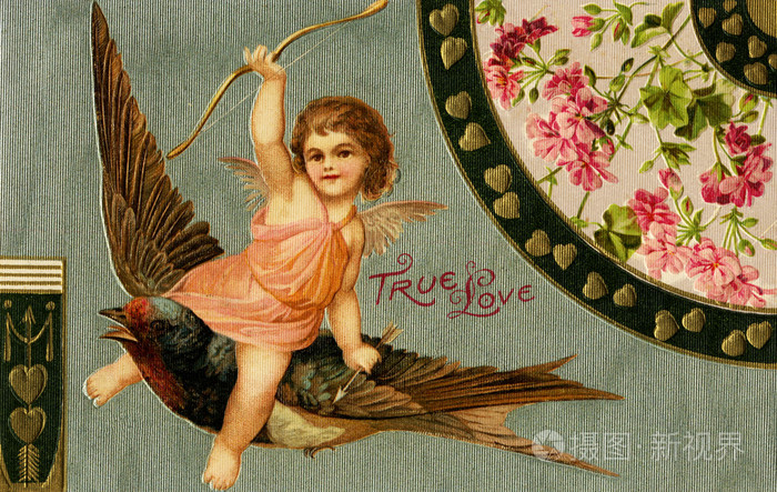 与丘比特骑着一只麻雀的复古真爱情人节