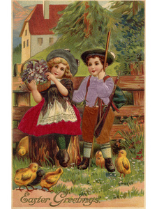 一个小男孩和女孩被包围的张复古复活节明信片