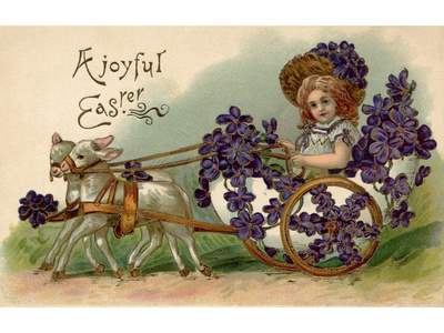 复古的复活节明信片的骑在一车的六个女孩