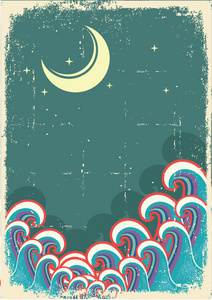 矢量 grunge 插画与月亮和海上的波浪