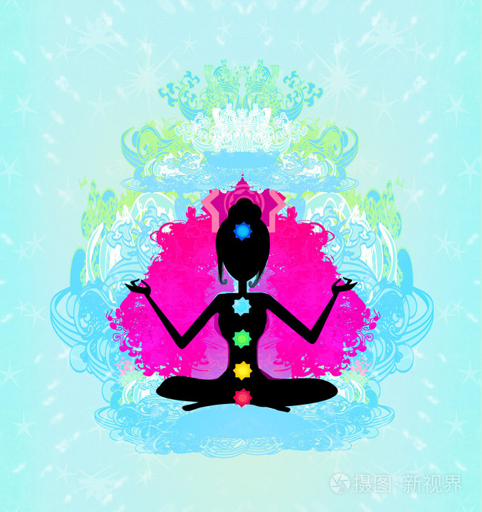 莲花瑜伽的姿势padmasana与彩色脉轮点