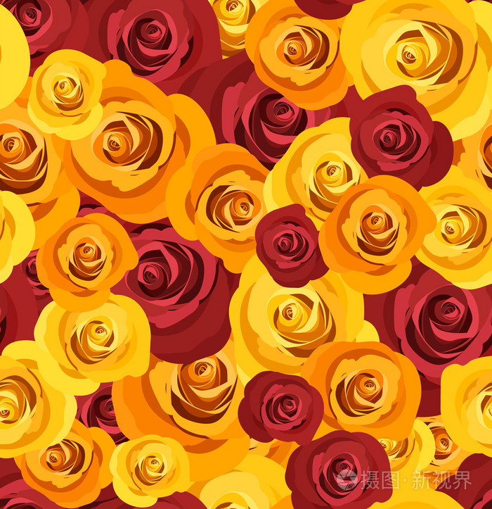 红色和黄色玫瑰的无缝模式.矢量插画