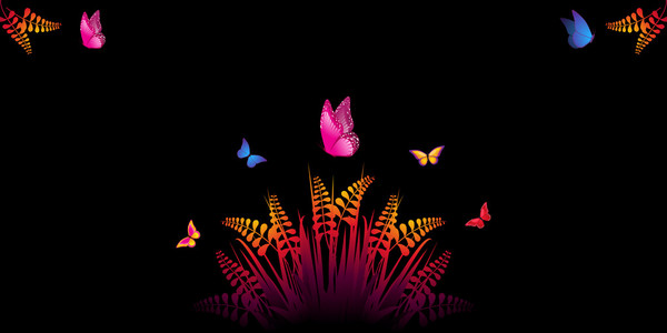 彩色蝴蝶嬉戏在鲜艳的草和蕨类植物与抽象背景