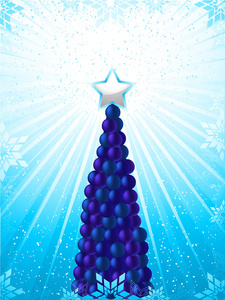 圣诞背景与摆设树和蓝色雪花背景上颗闪亮的星