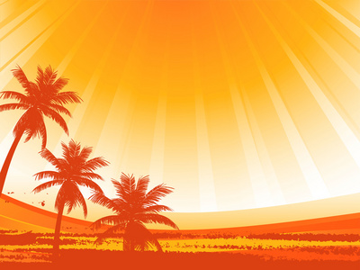 与日落太阳光线和 grunge 抽象棕榈树背景