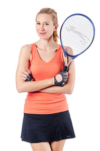 女人在打网球上白