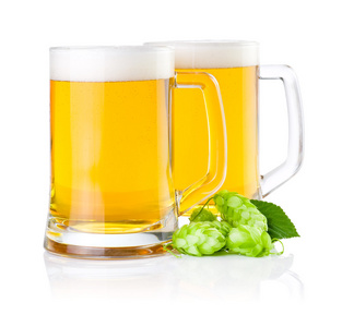 两杯鲜啤酒的绿色跃隔离上白广管局