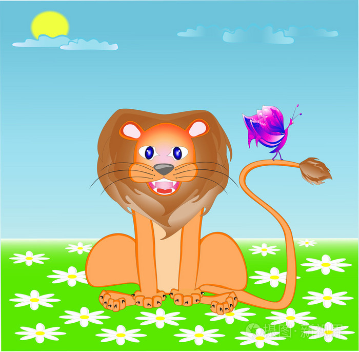 狮子与蝴蝶在一片草地上