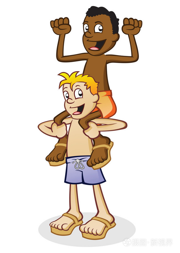 游泳树干的孩子的卡通人物在肩上