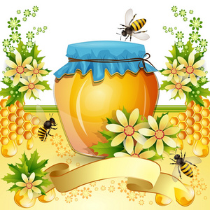 背景与蜜蜂和蜂蜜罐图片