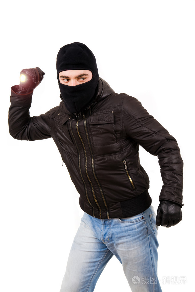 小偷用手电筒在白色隔离照片-正版商用图片1a5i7p-摄图新视界