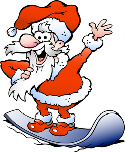 快乐的圣诞老人在滑雪板上的手绘矢量插画