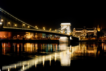 到了晚上，匈牙利布达佩斯链桥