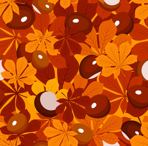 与秋天的板栗树叶和栗子的无缝模式。矢量插画