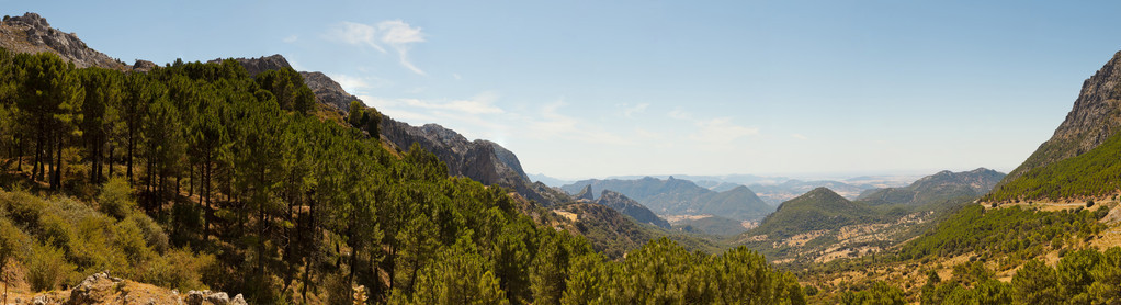 美丽神奇的山景观的塞拉利昂 de grazalema 天然公园的全景照片。岩石和松树。蓝色的天空。西安大路。西班牙
