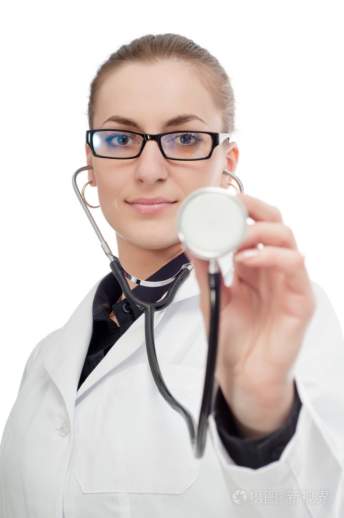女医生用听诊器.听众.关于白 ba