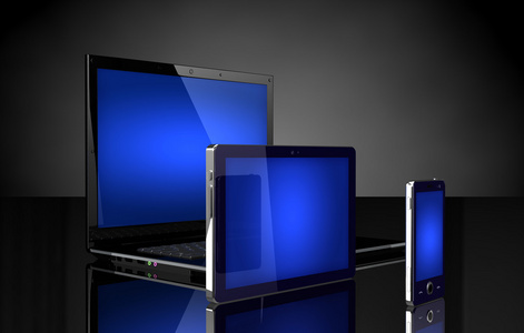 笔记本电脑 平板电脑和手机用蓝色屏幕上黑