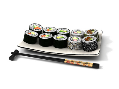 日本海鲜寿司 卷和白板上的筷子