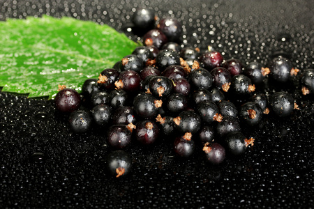 特写黑醋栗新鲜黑醋栗上黑色背景特写照片