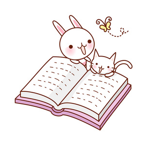 读猫兔和猫读一本书照片