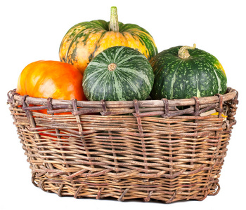 葫芦在篮子里在篮子里的收获的南瓜照片