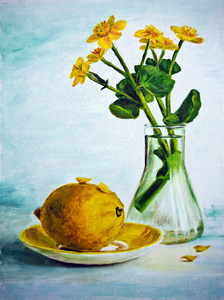 与黄色的花朵和柠檬，布上油画静物