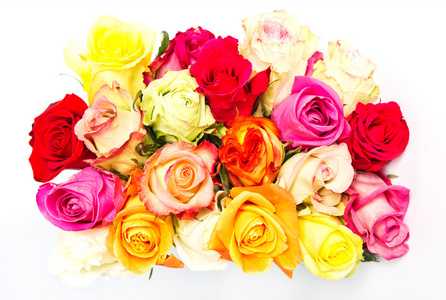 七彩玫瑰，美丽的鲜花花束上白