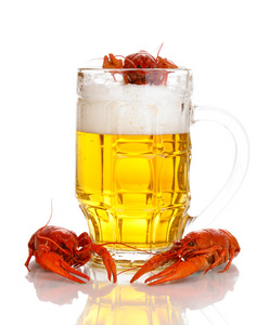 美味的水煮小龙虾和啤酒上白色隔离