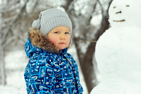 漂亮的小男孩与雪人冬天在室外的肖像