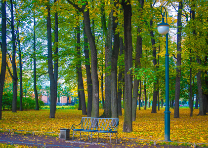 在秋天在公园里张贴的长凳和灯