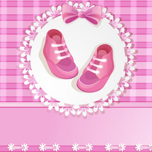 粉红色婴儿洗澡卡与婴儿女孩鞋