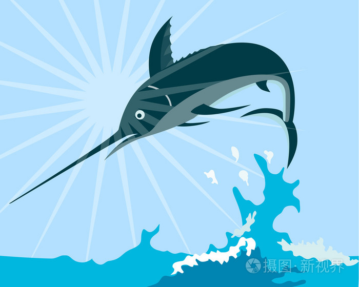 蓝色马林鱼跳跃的复古