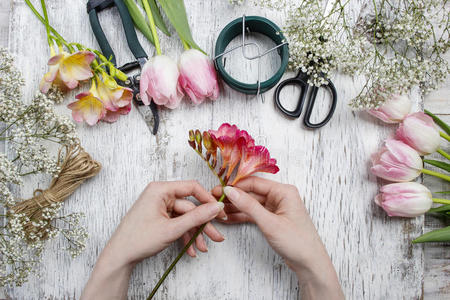 在工作的花匠 做溪流百合花的女人照片 正版商用图片1c6z7q 摄图新视界