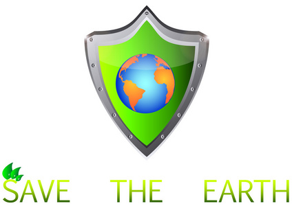 拯救绿色地球的行星上金属屏蔽按钮矢量图