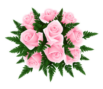 蕨类植物的粉红色玫瑰花的花束。矢量插画