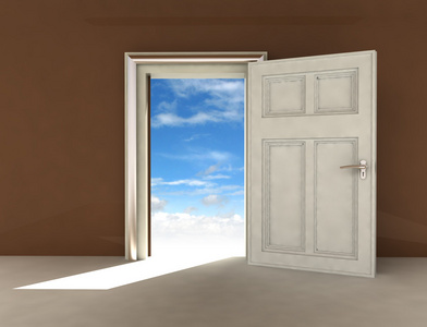 儿童打开门到阳台打开门到天堂从办公室棕色房间图照片