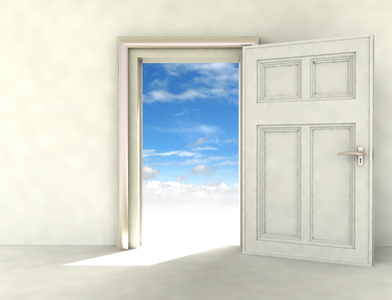打开的门到天堂在纯白色的房间图