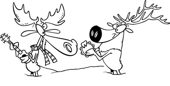 卡通驼鹿和干扰在雪中的麋鹿