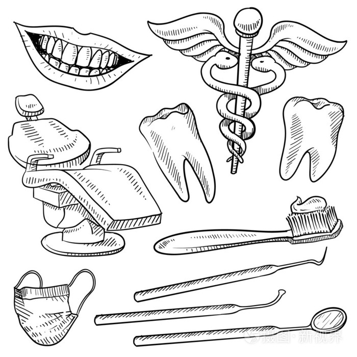 插画 医疗健康 牙医设备对象素描.eps