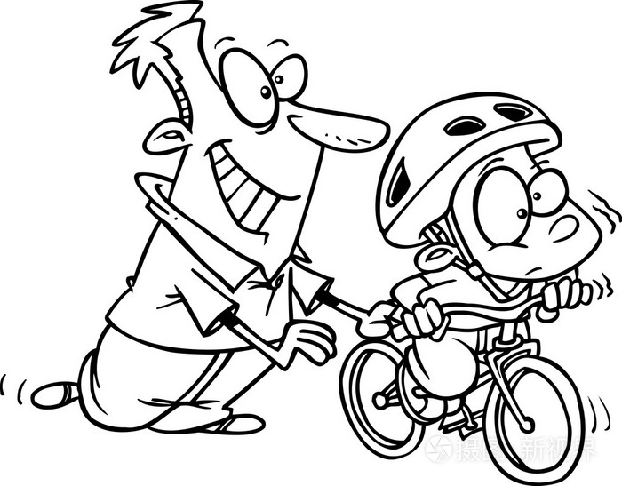 卡通男孩学习骑一辆自行车