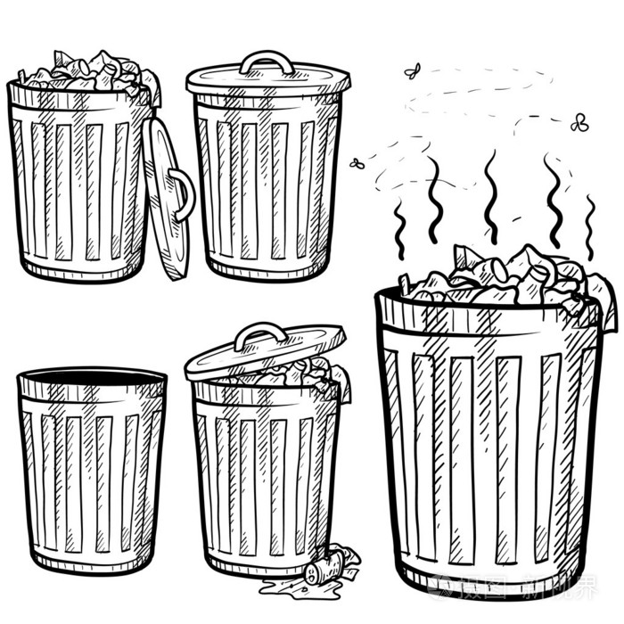 垃圾和垃圾罐分类素描