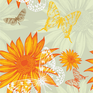 无缝模式与向日葵和蝴蝶，手绘图