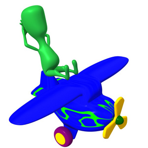查看蓝色飞机上休息的绿色小狗