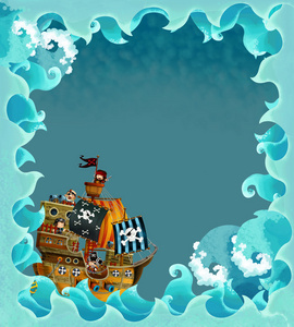 艺术卡通帧波与海盗船海盗船矢量儿童卡通盗版背景与 pirateboat 或