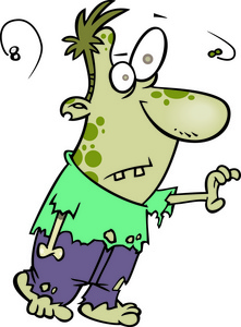 用一只手出来,在白色背景上行走卡通臭僵尸的插图照片