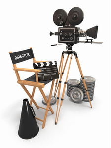 电影组成。复古相机 导演椅和角子机